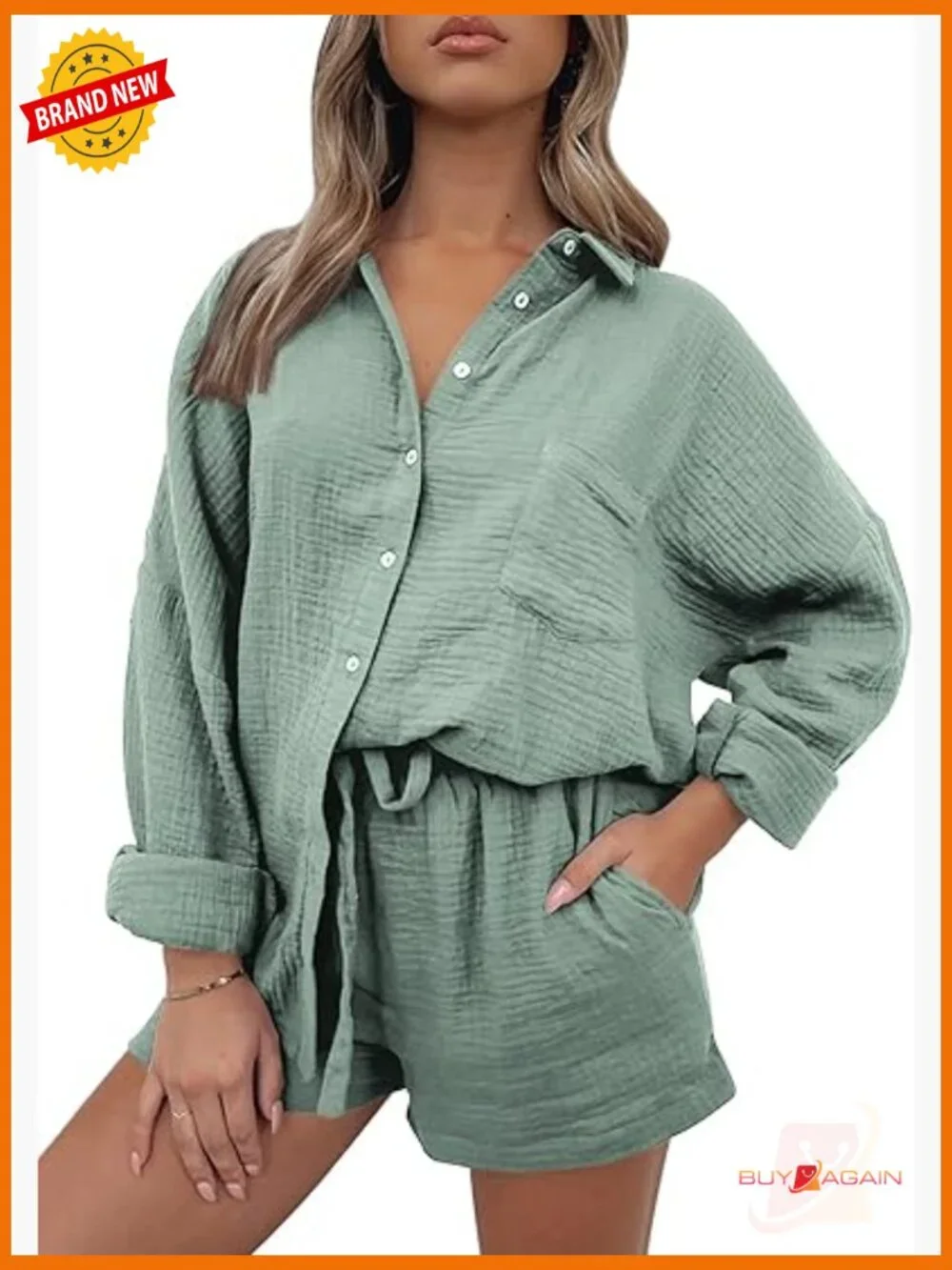 Matching Pajama Set - Button Down Top and Shorts Loungewear